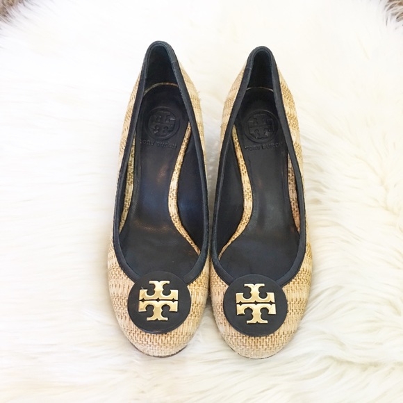 Tory Burch Shoes - Tory Burch Sally Raffia Straw / Navy Wedges